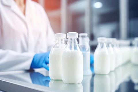 Bottles of milk or white liquit in research lab. Lab grown milk concept. KI generiert, generiert AI