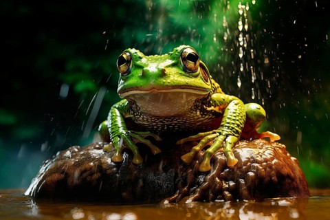 Goliath frog, Conraua goliath, under water droplets from a cascade, AI generated