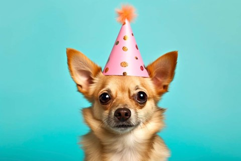Small dog with pink birthday party hat on blue background. KI generiert, generiert AI generated