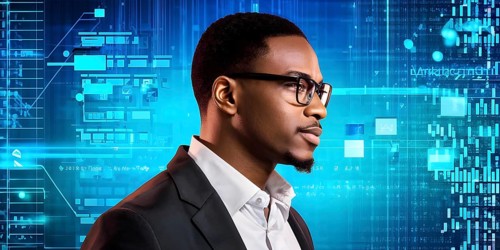Black african american male it specialist engaged in analyzing data for cyber security, AI