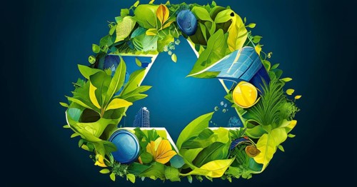 Recycling symbol morphing into growing plants and solar cells to symbolize the transformation of