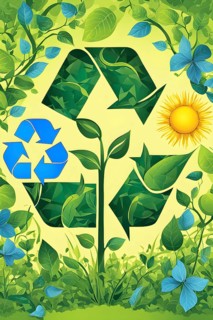Recycling symbol morphing into growing plants and solar cells to symbolize the transformation of