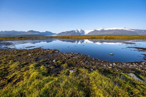 Lake with reflection, view of glacier tongues Skaftafellsjökull and Svínafellskökull, glaciated
