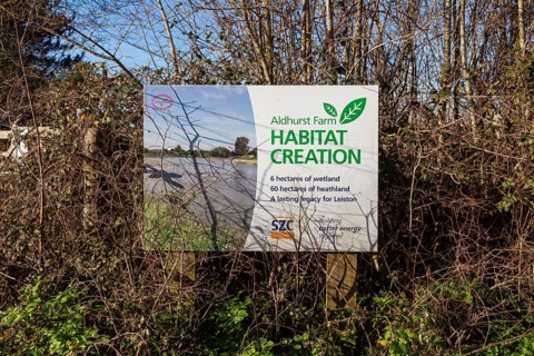 Information sign Sizewell C Consortium habitat creation project, Aldhurst Farm, Leiston, Suffolk,