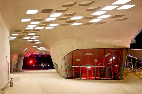 Under the phæno building, an experimental landscape and science centre at night, Wolfsburg, Lower