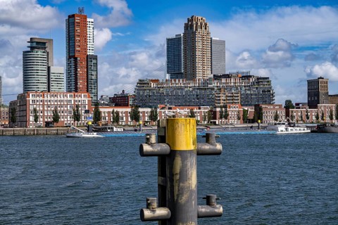 Harbour basin of the Maashaven, inland waterway port, jetties, residential buildings in the Kop van