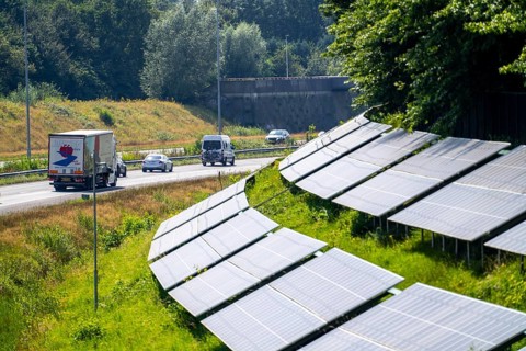 A58 motorway, photovoltaic systems were installed on the slopes to the side of the carriageway, use