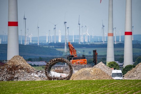 Wind farm north of Marsberg, old wind turbine is demolished, creates space for new, more powerful
