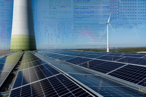 Symbolic image of critical infrastructure, blackout risk, cyberterrorism, wind farm near Bad