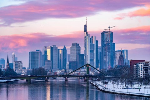 The skyline of Frankfurt am Main, skyscrapers of the banking district, Flößerbrücke, wintry
