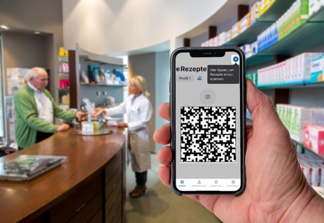 Symbolic image of an e-prescription, prescription issued by a doctor, with QR code, is scanned