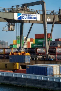 Port of Duisburg Ruhrort, Container freighter being loaded and unloaded at DeCeTe, Duisburg