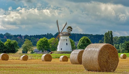Historic windmill with straw bales Veltheim Porta Westfalica Germany
