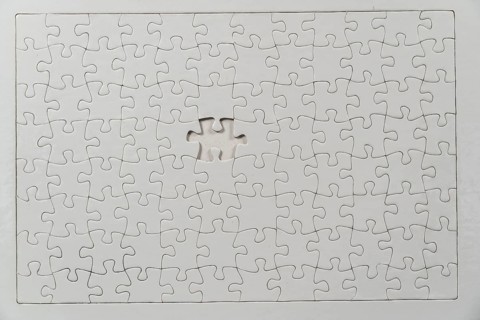 Puzzle game, blank, white, without motif, for printing, one piece missing