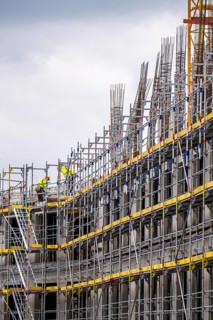 Construction site, new construction of a high-rise office building, facade of the shell,