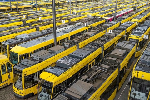Warning strikes in local public transport, Ruhrbahn trams at the depot, VERDI union members on