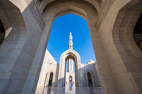 Sultan Qaboos Grand Mosque, archways with minaret, Muscat, Oman, Asia