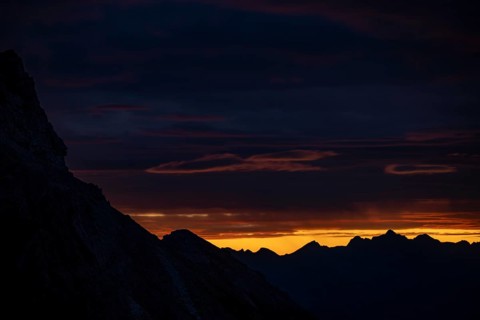Montafon mountains with dramatic cloudy sky at sunrise, Tschagguns, Rätikon, Montafon, Vorarlberg,