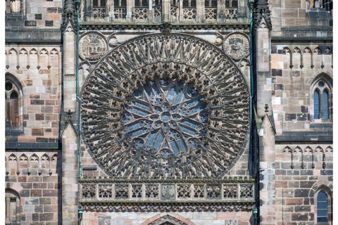 Gothic rose window on the main portal of St SLorenz, Nuremberg, Middle Franconia, Bavaria, Germany,