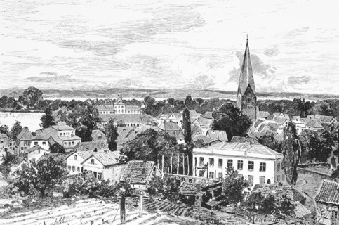 Town view of Eutin, Eutin Lake District, castle, church, field, Schleswig-Holstein, Germany,