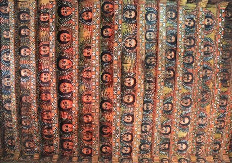 Amhara region, near Gondar, Gonder, church ceiling with angel heads and cross ornaments in the