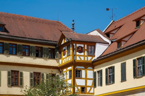 Half-timbered building, clock, window, clock face, hands, time, bell, Hohentübingen Castle, Museum