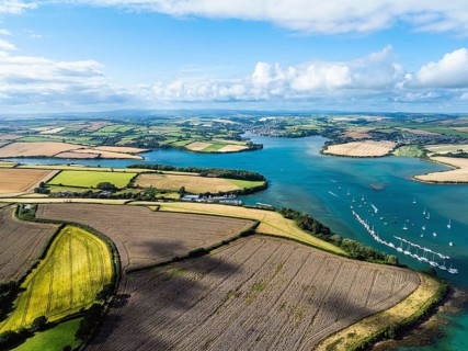 Salcombe and Mill Bay over Kingsbridge Estuary from a drone, Batson Creek, Southpool Creek, Devon,