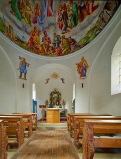 Lake chapel Maria am See, interior view, Obernberger See, mountain lake, landscape of the Stubai