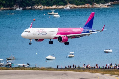 A Wizzair Airbus A321neo aircraft with the registration 9H-WAA at Skiathos Airport, Greece, Europe