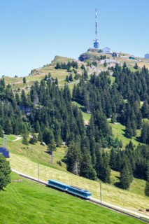 View of Mount Rigi with Rigi railway with Alps mountains in Rigi, Switzerland, Europe