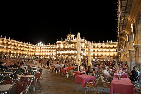 Plaza Mayor at night, behind the town hall, Salamanca, province of Salamanca, Castile and Leon,