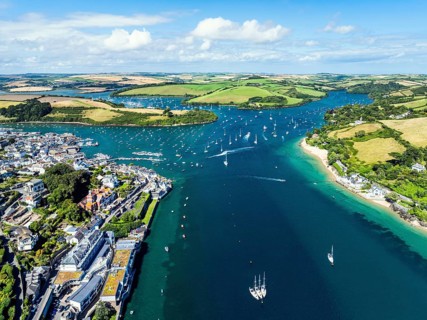 Salcombe and Mill Bay over Kingsbridge Estuary from a drone, Batson Creek, Southpool Creek, Devon,