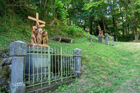Orcival in Auvergne Volcanoes Regional Natural Park, Statues of Christ's Way of the Cross. Puy de