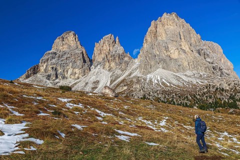 A man walks on a mountain meadow with snow-covered peaks at the Sella Pass of the Sella Group under
