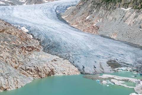 Rhone glacier, valley glacier in the headwaters of the Rhone in the Swiss Alps. Melting glacier,