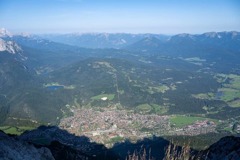 View from the Karwendel to Mittenwald with Ferchensee and Lautersee, Alps, Werdenfelser Land,