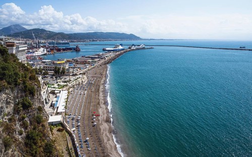 Port in Salerno and Beach in Vietri sul Mare, Amalfi Coast, Salerno, Campania, Italy, Europy,