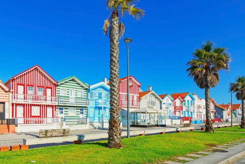 Traditional wooden striped houses, Costa Nova do Prado, Aveiro, Portugal, Europe