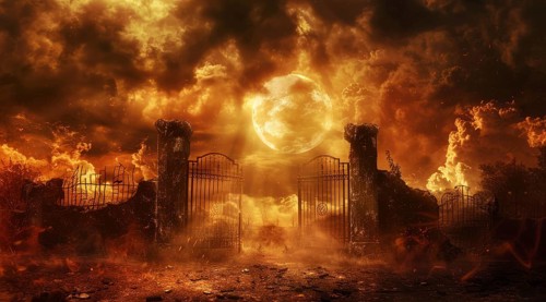 A fiery, dark and ominous scene with a large archway leading into a fiery abyss. Hell gates, AI