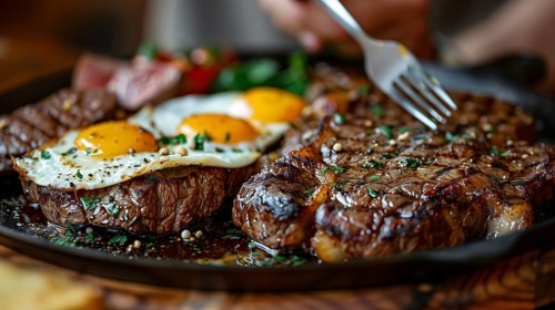 Man eating A plate filled with steak and eggs. generative AI, AI generated