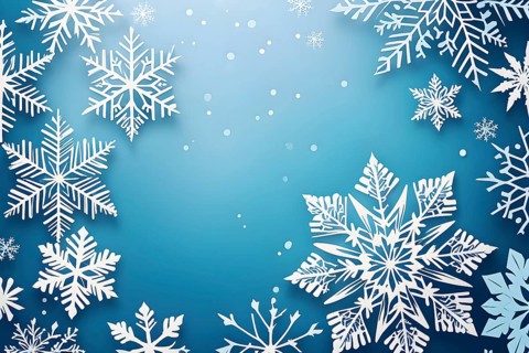 Abstract pattern of snowflakes in varying sizes and shapes in soft white and blue gradients, AI