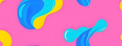 Abstract image with colorful yellow and turquoise blobs and liquid shapes on a pink background, AI