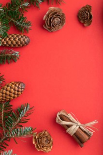 Christmas or New Year composition. Decorations, box, cinnamon, cones, fir and spruce branches, cup