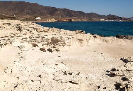 Fossilised sand dune rock structure, Los Escullos, Cabo de Gata natural park, Almeria, Spain,