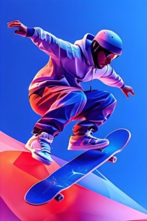 Skateboarder in dynamic jump abstracted into fluid shapes that capture elegance and dynamic in