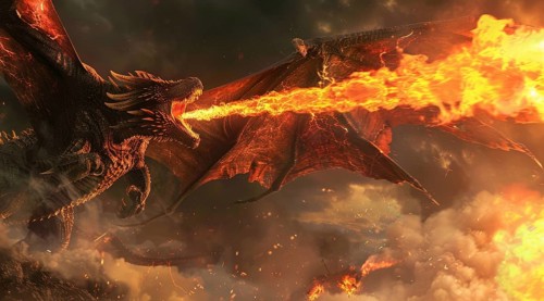 Flying dragon is spewing fire from its mouth, AI generated