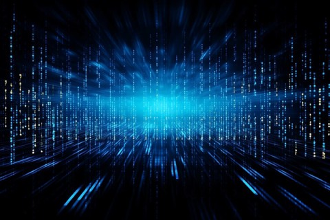 Blue dynamic digital data streams, showcasing flowing lines of code in a mesmerizing pattern, ideal