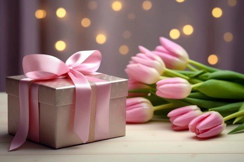 Gift Box with Pink Ribbon Beside bouquet of Fresh Tulips on Bokeh Background. Good for Valentine