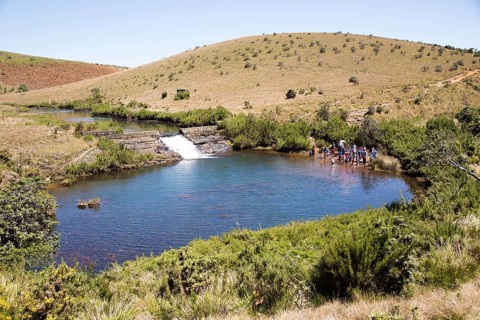 Weir and pool in the Belihul Oya river, Horton Plains National Park, Central Province, Sri Lanka,