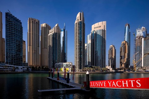 Jetty Xclusive Yachts, Yacht Rental, Rental, Skyline, EMAAR Logo, Dubai Marina, Dubai, United Arab